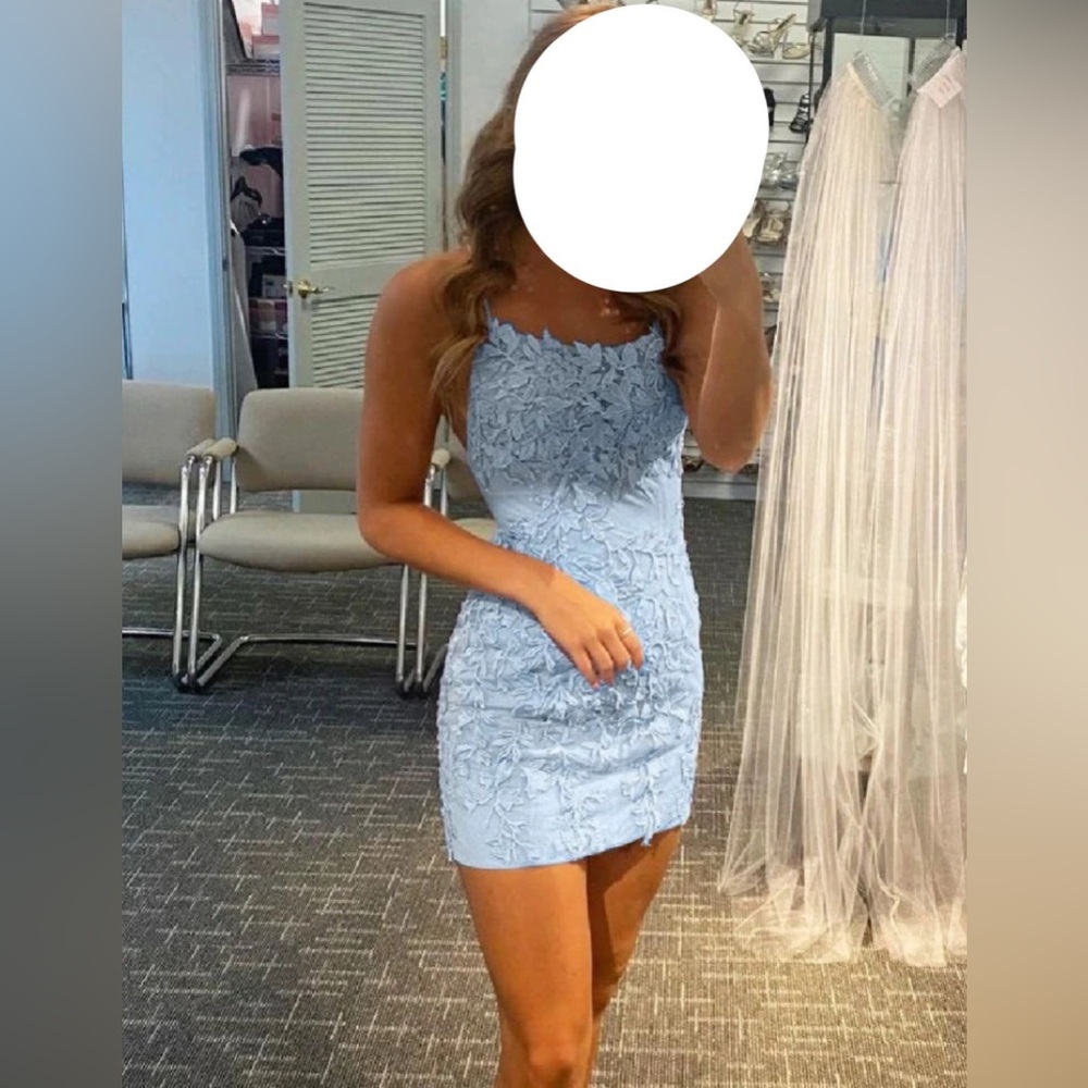 blue lace homecoming dress
